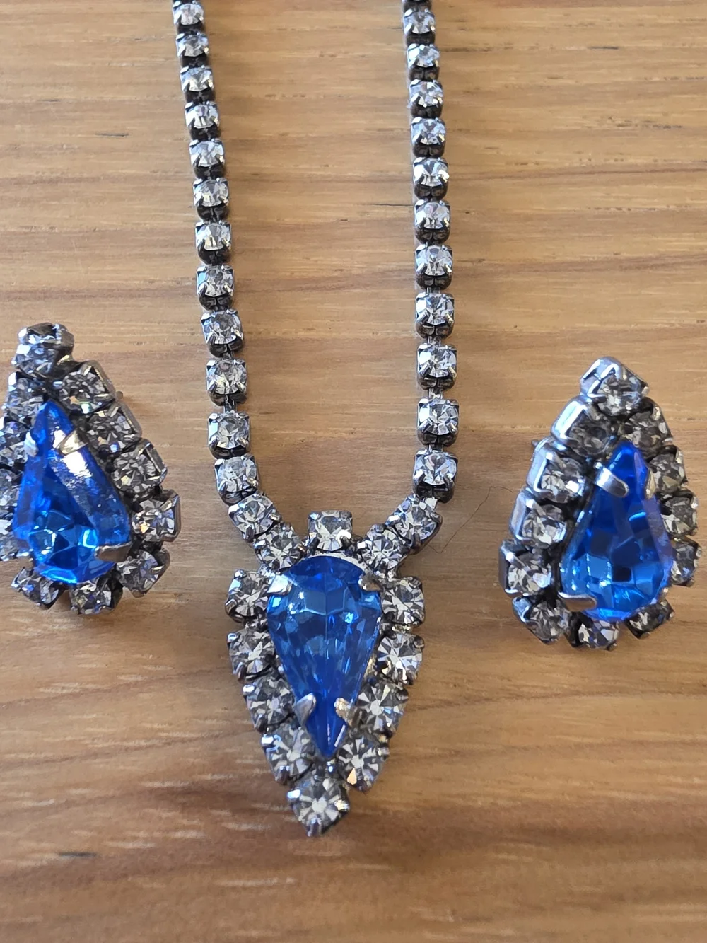Blue Crystal Teardrop Necklace and Earrings Set Statement Jewelry